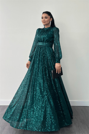 Pul Tül Payet Kumaş Büzgü Detaylı Kiloş Elbise - ZÜMRÜT YEŞİL - Angelino Moda (1)