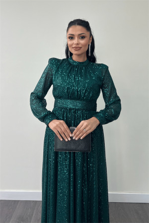 Pul Tül Payet Kumaş Büzgü Detaylı Kiloş Elbise - ZÜMRÜT YEŞİL - 3