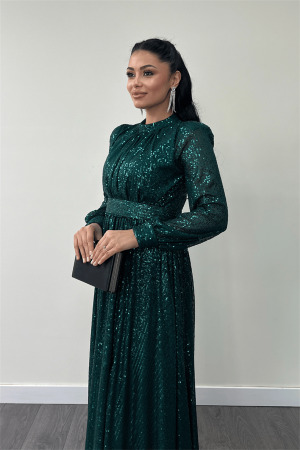 Pul Tül Payet Kumaş Büzgü Detaylı Kiloş Elbise - ZÜMRÜT YEŞİL - 4