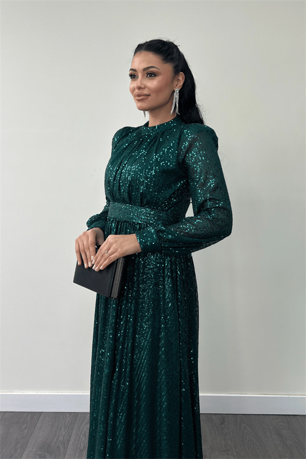 Pul Tül Payet Kumaş Büzgü Detaylı Kiloş Elbise - ZÜMRÜT YEŞİL - 4