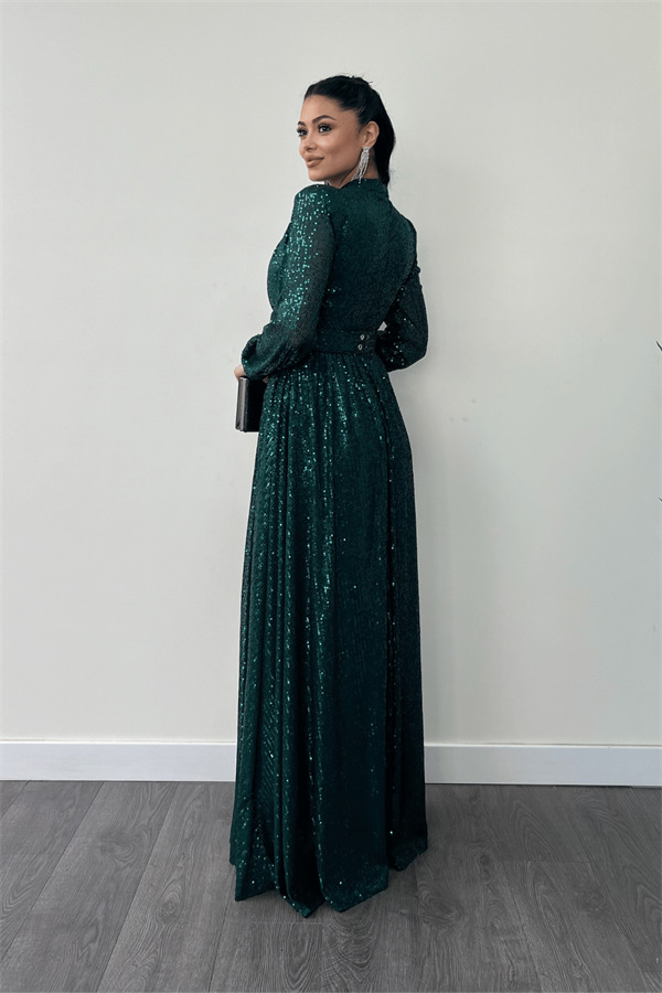 Pul Tül Payet Kumaş Büzgü Detaylı Kiloş Elbise - ZÜMRÜT YEŞİL - 5