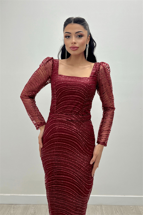 Pullu Payet Kumaş Kare Yaka Kalem Elbise - BORDO - 1