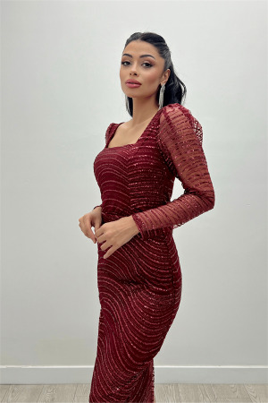 Pullu Payet Kumaş Kare Yaka Kalem Elbise - BORDO - Angelino Moda (1)
