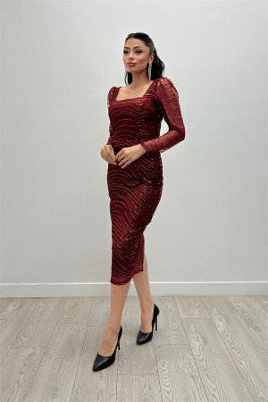 Pullu Payet Kumaş Kare Yaka Kalem Elbise - BORDO - 3