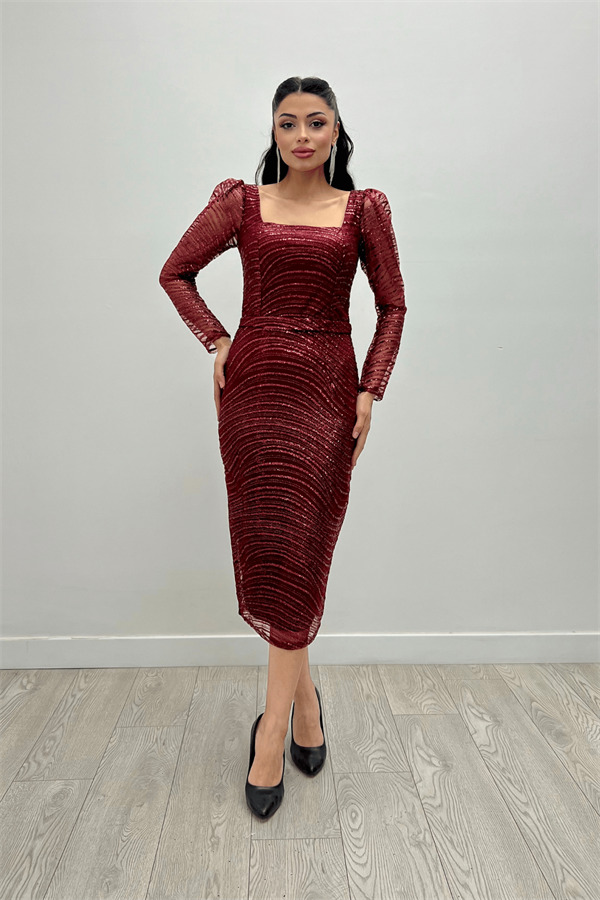 Pullu Payet Kumaş Kare Yaka Kalem Elbise - BORDO - 4
