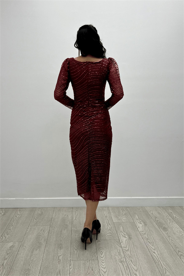 Pullu Payet Kumaş Kare Yaka Kalem Elbise - BORDO - 5