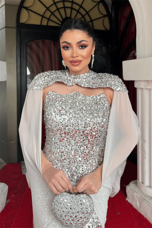 Pullu Payet Kumaş Pelerin Detaylı Abiye Elbise - GOLD - 4