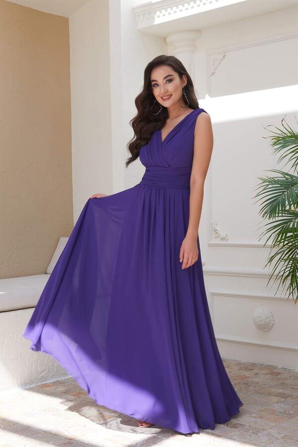 Purple Chiffon V-Neck Long Evening Dress - 1