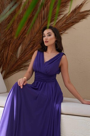Purple Chiffon V-Neck Long Evening Dress - 2
