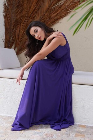 Purple Chiffon V-Neck Long Evening Dress - 4