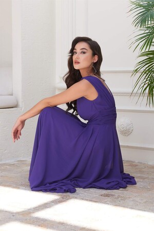 Purple Chiffon V-Neck Long Evening Dress - 5