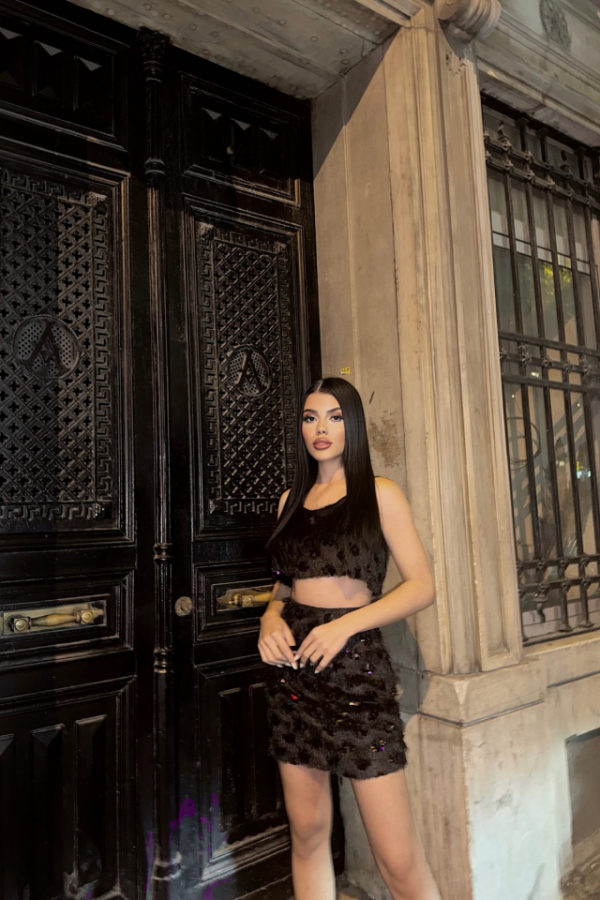 PÜSKÜL PAYET CROP BLUZ-KISA ETEK TAKIM - Siyah - 3