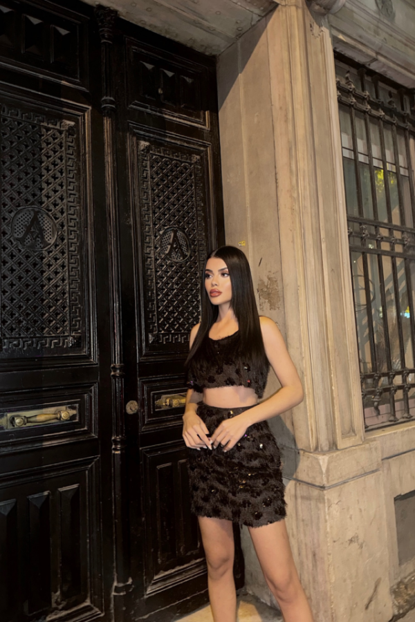 PÜSKÜL PAYET CROP BLUZ-KISA ETEK TAKIM - Siyah - 4