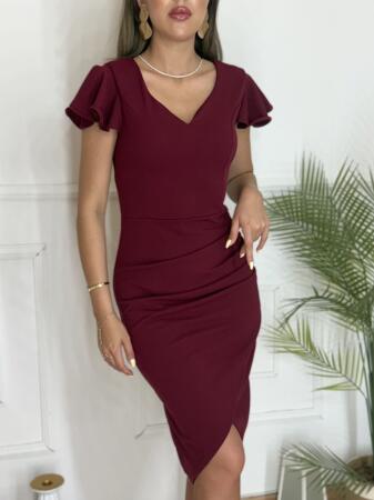 QKadın Kısa Kollu Kalp Yaka Yanlardan Büzgü Detay Midi Janjan Krep Elbise - 4
