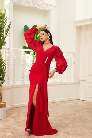 Red Chiffon Buckle Detailed Long Evening Dress - 2