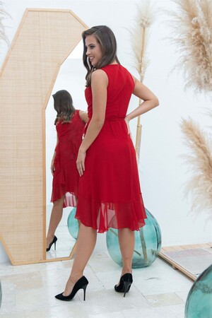 Red Chiffon Skirt Flounce and Ribbon Short Evening Dress - 5