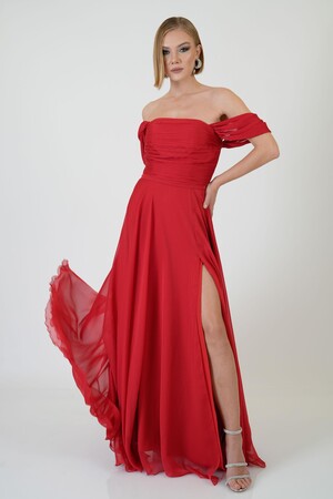 Red Low Sleeve Slit Chiffon Evening Dress - 1
