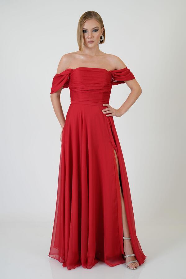 Red Low Sleeve Slit Chiffon Evening Dress - 3
