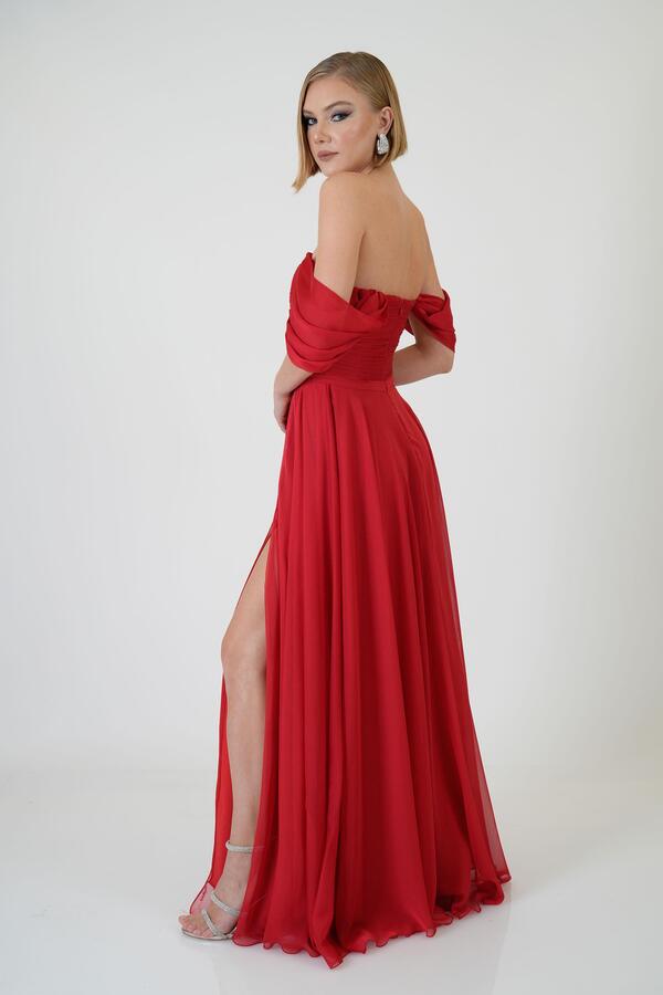 Red Low Sleeve Slit Chiffon Evening Dress - 4