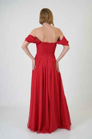 Red Low Sleeve Slit Chiffon Evening Dress - 5