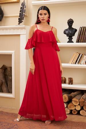 Red Low Sleeve Strappy Long Evening Dress - 1