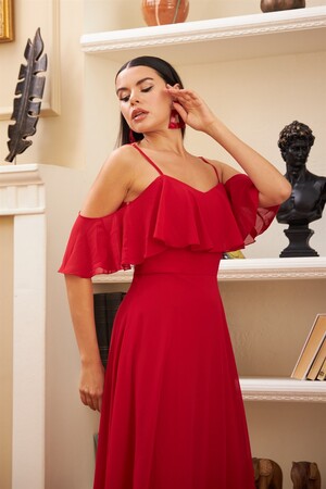 Red Low Sleeve Strappy Long Evening Dress - 2