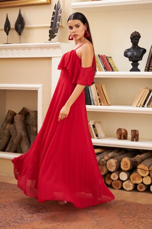 Red Low Sleeve Strappy Long Evening Dress - 3