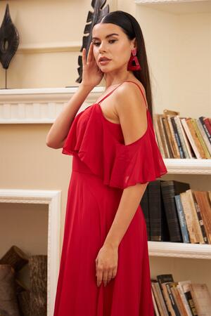 Red Low Sleeve Strappy Long Evening Dress - 5