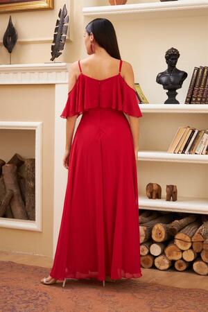 Red Low Sleeve Strappy Long Evening Dress - 6