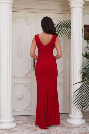 Red Sandy Slit Long Evening Dress - 5