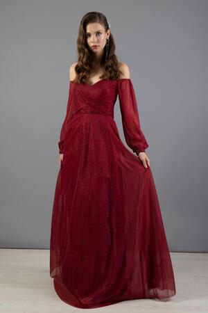 Red Lurex Collar Long Sleeve Engagement Dress - 3