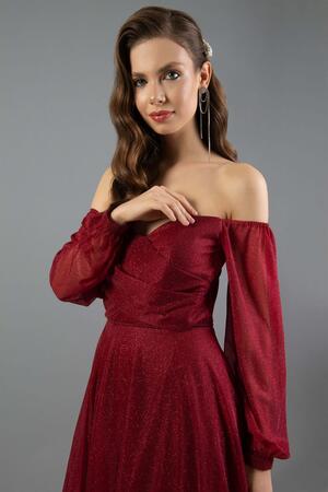 Red Lurex Collar Long Sleeve Engagement Dress - 4