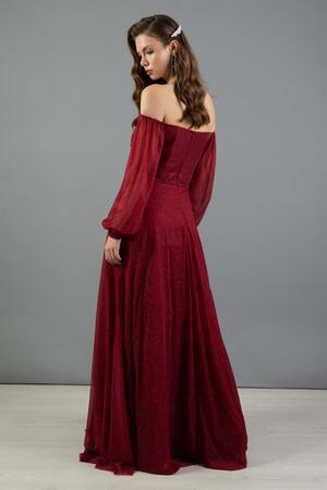 Red Lurex Collar Long Sleeve Engagement Dress - 5