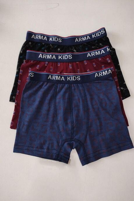 Renkli Erkek Çocuk Desenli Boxer 3'lü Paket Pamuklu Likralı - 1