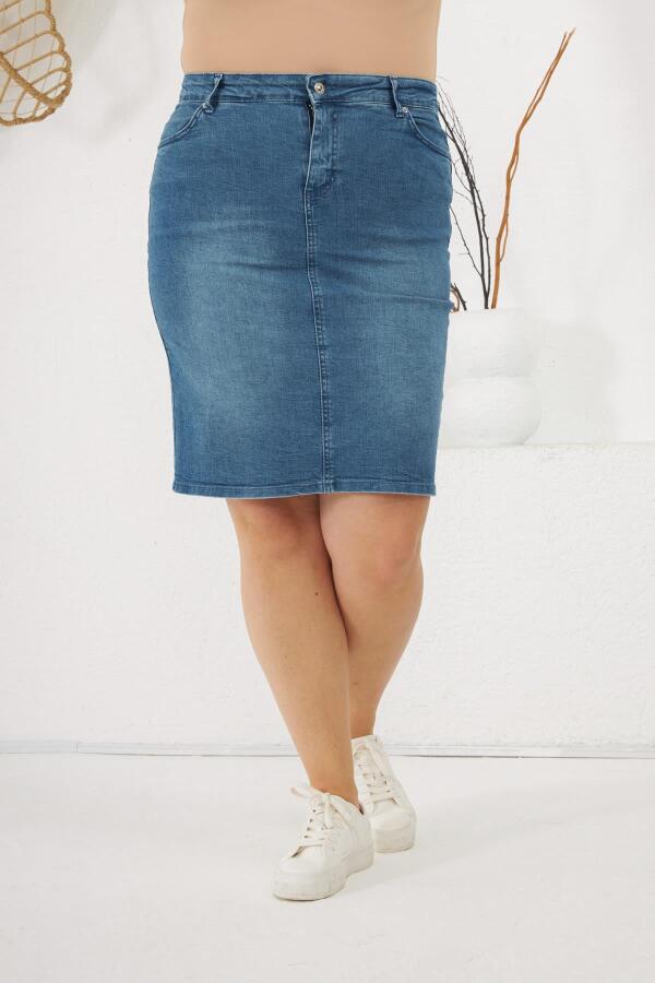 Büyük Beden Mavi Kot Etek - 3