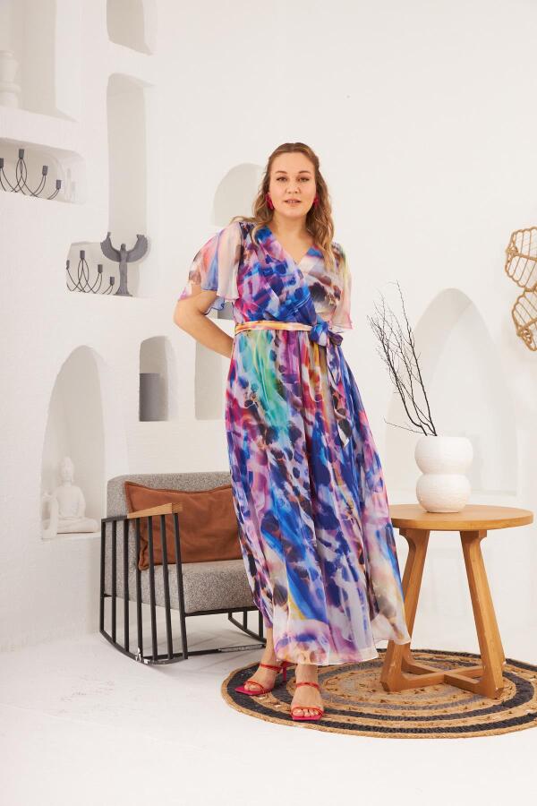 Rmg Desenli Bel Kuşak Detaylı Büyük Beden Saks Elbise - 1