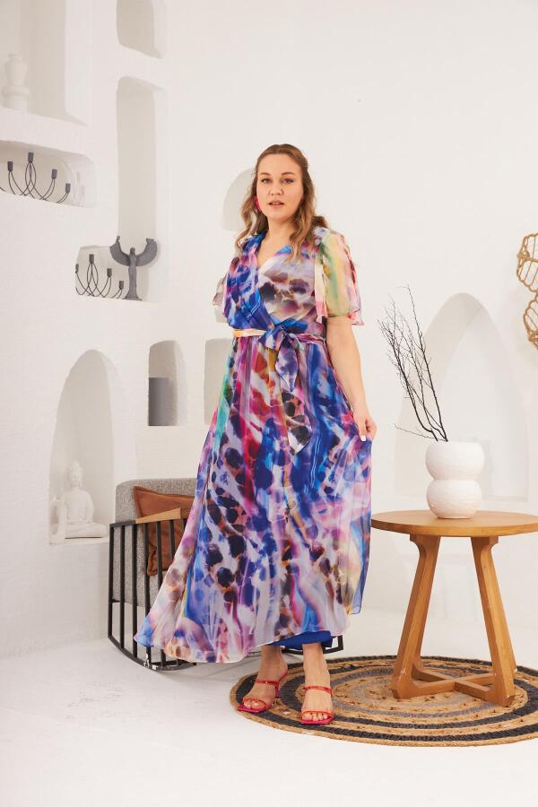 Rmg Desenli Bel Kuşak Detaylı Büyük Beden Saks Elbise - 2