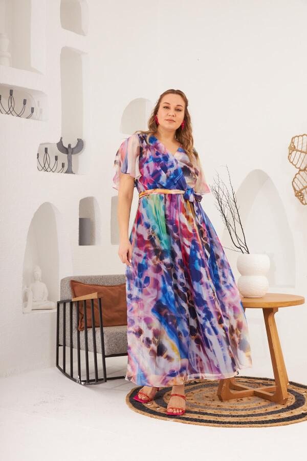 Rmg Desenli Bel Kuşak Detaylı Büyük Beden Saks Elbise - 3