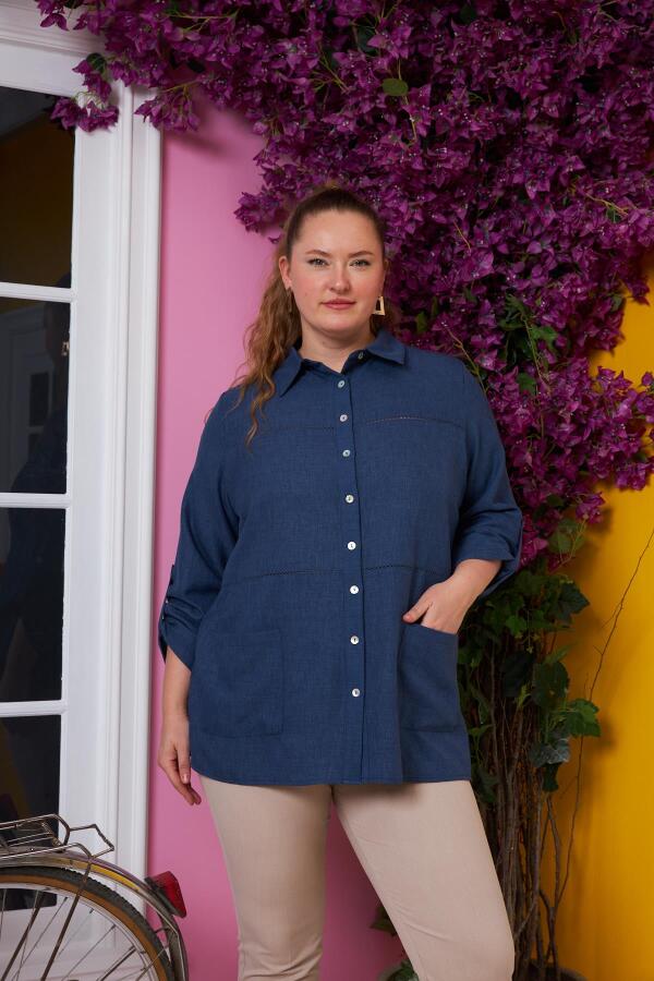 Rmg Kol Ve Kroşeta Detaylı Büyük Beden İndigo Gömlek - 1