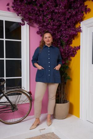 Rmg Kol Ve Kroşeta Detaylı Büyük Beden İndigo Gömlek - 5