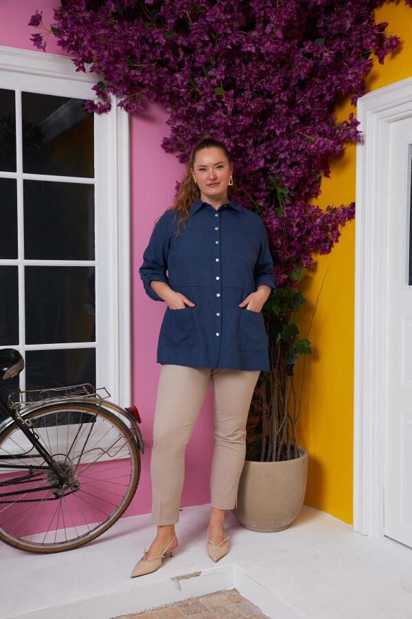 Rmg Kol Ve Kroşeta Detaylı Büyük Beden İndigo Gömlek - 5