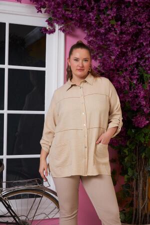 Rmg Kol Ve Kroşeta Detaylı Büyük Beden Vizon Gömlek - RMG