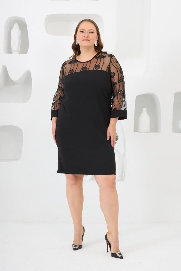 Roba Dantelli Büyük Beden Abiye Elbise Siyah - 1