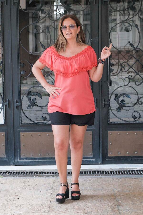 Ruffled Lace Collar Plus Size Blouse Coral - 2