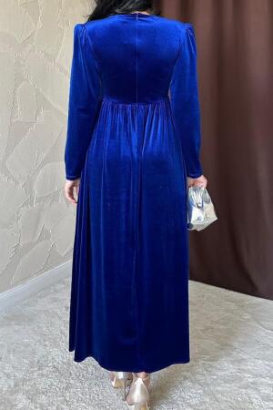 Saks Göğüs Altı Taşlı Elbise - 3