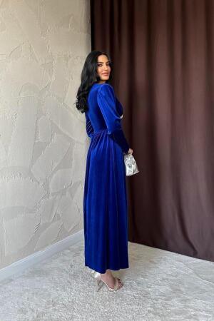 Saks Göğüs Altı Taşlı Elbise - 4