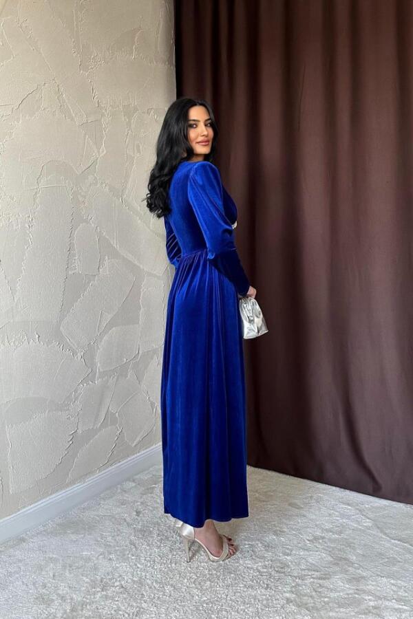 Saks Göğüs Altı Taşlı Elbise - 4