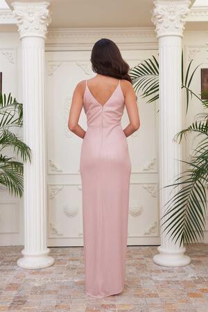 Salmon Lacquered Chiffon Double Breasted Slit Evening Dress - 5