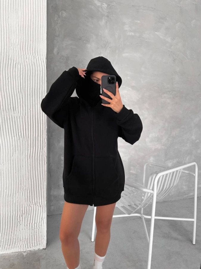 Samuray ZIP Fermuarlı Kapüşonlu SweatShirt- Siyah - 1