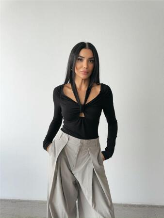 SANDY BODYSUİT ÖNDEN BAĞLAMA DETAYLI - Siyah - 1